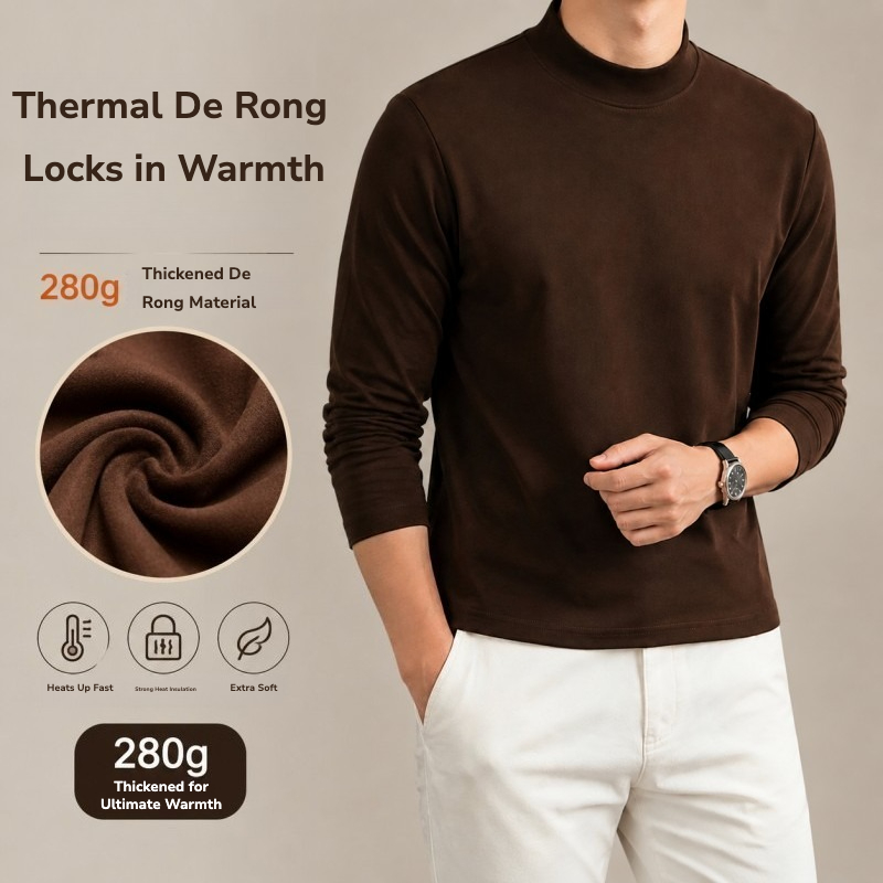 Base Layer Top - メンズ 280g 両面デロンサーマル長袖ハイカラーベースレイヤー | 冬用ソフトストレッチ暖かいTシャツ