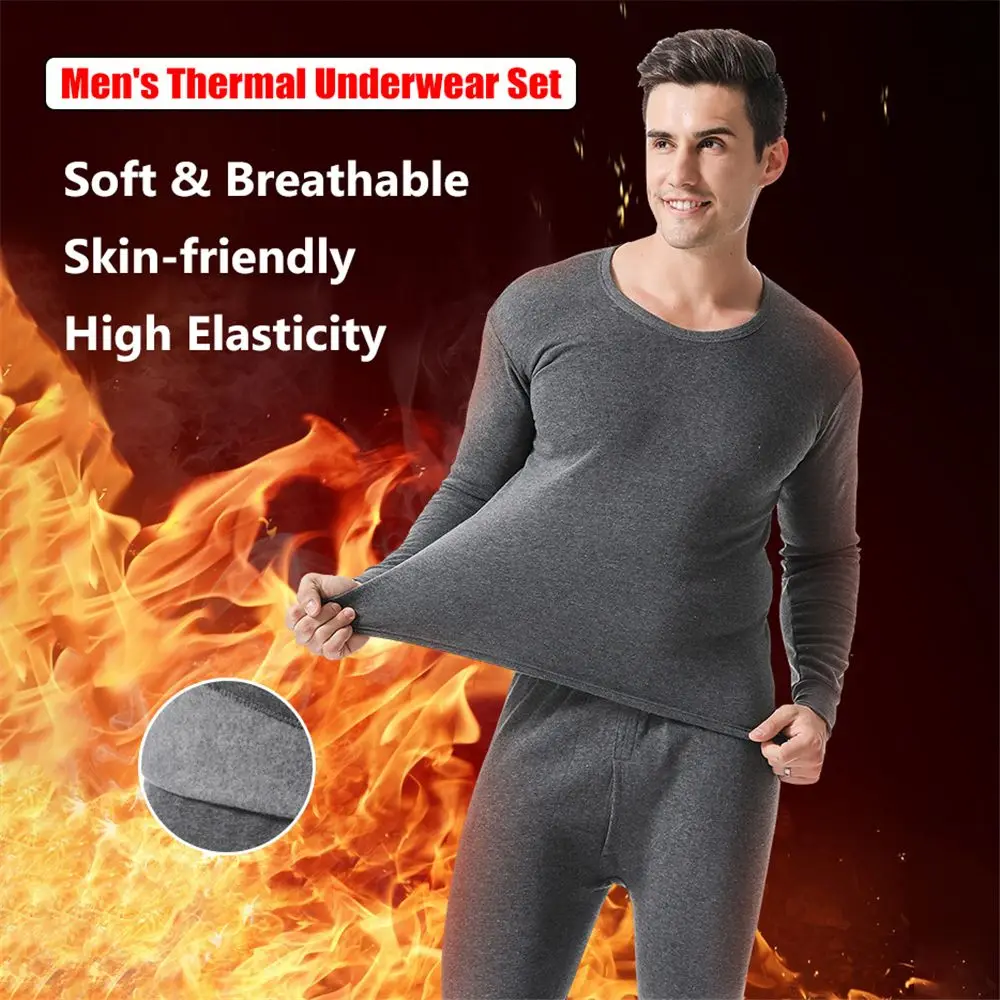 Thermal Long John - 冬の男性の熱下着セットソフトコットンフリース裏地暖かいパネルロングジョンズトップ & ボトムセットサーモ服パジャマ