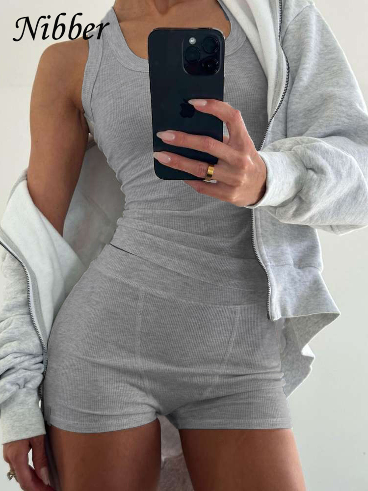 Tank Top Ribbed - Nibber リブカジュアル 2 点セット女性トラックスーツスポーティなスクエアカラータンクトップ + ショートパンツスーツストリートシンプルなマッチング衣装