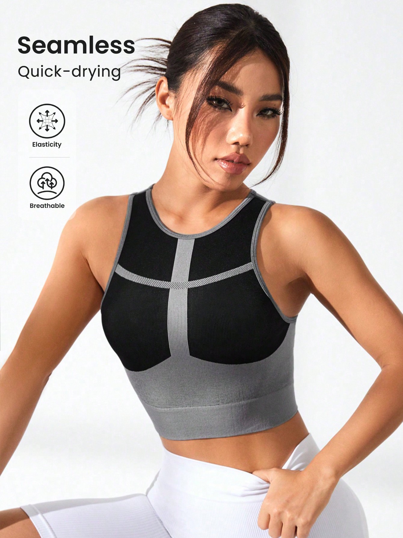 Tank Top Ribbed - 女性用カラーブロッククロスラインリブ編みクロップドタンクトップレーサーバックノースリーブスポーツヨガフィットネスワークアウトクロップドベスト