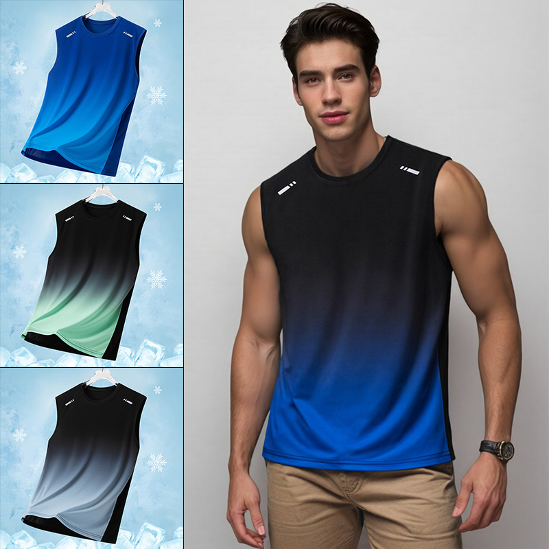 Sleeveless Undershirt - 男性グラデーションスポーツベスト軽量ノースリーブラウンドネック Tシャツ夏ランニングルーズフィットユーススポーツフィットネス通気性トップ