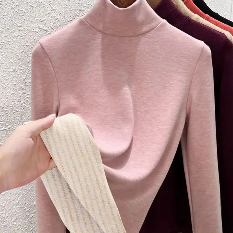 Base Layer Top - レディースモックネックサーマルベースレイヤートップ冬フリース裏地スリムフィット長袖韓国スタイル暖かい下着