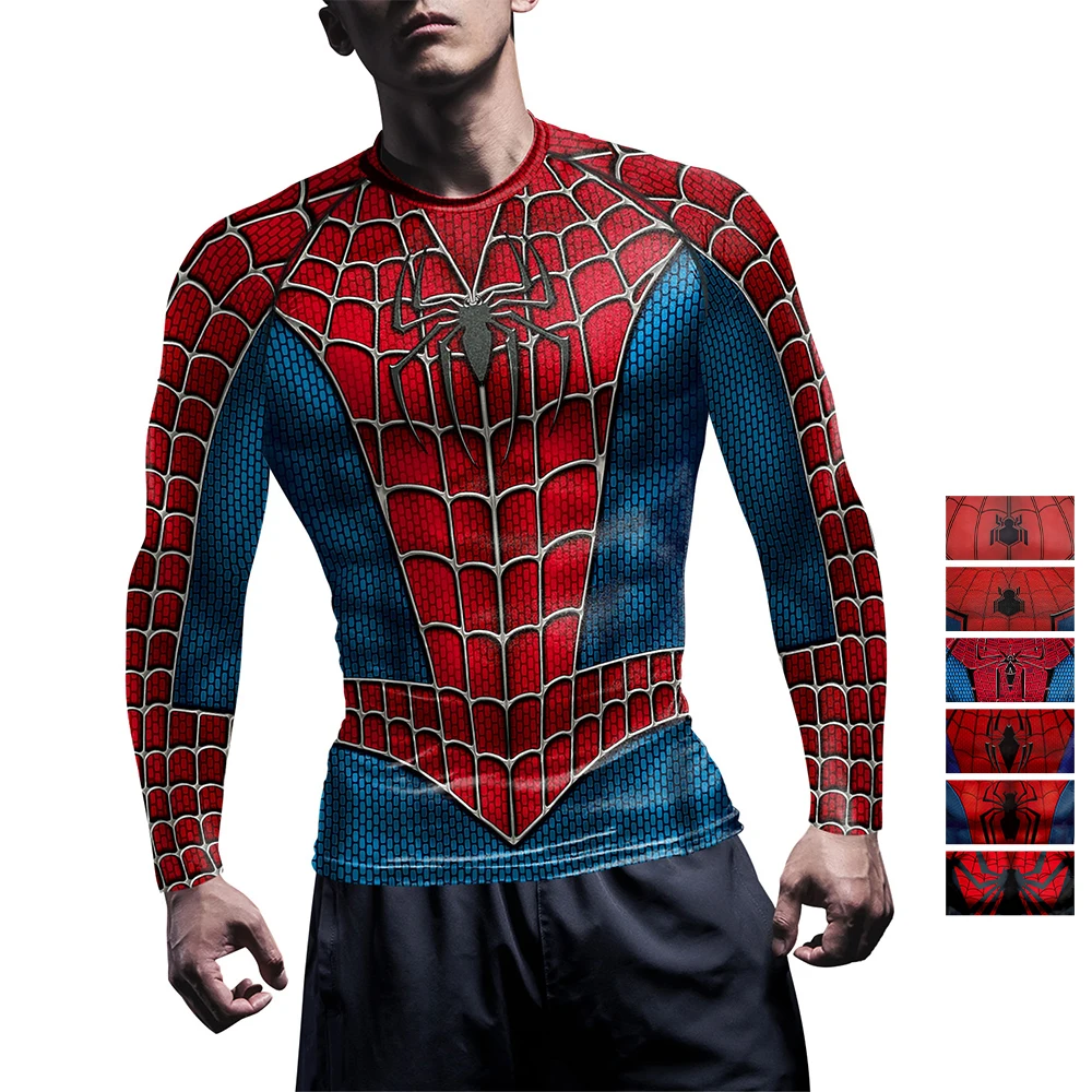 T Shirt Tight Fit - スパイダープリント Tシャツ男性圧縮 Tシャツコスプレコミックスーパーヒーローコスチュームトップスタイトジムストリートウェアマンフィットネススポーツシャツ