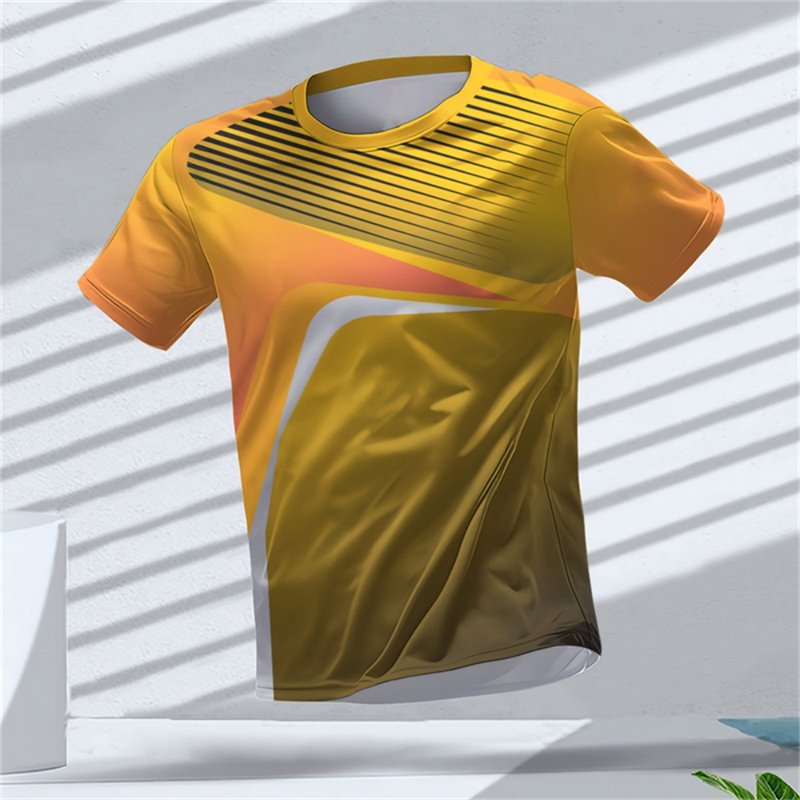 T Shirt Tight Fit - メンズスポーツ半袖Tシャツ速乾性高弾性オレンジグラデーションストライプ幾何学模様プリント通気性スリムトレーニングトップ
