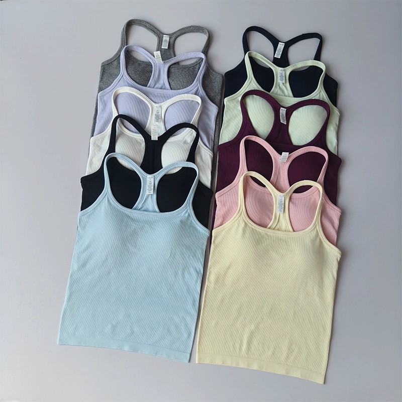 Tank Top Ribbed - 夏の女性用ヨガキャミソールスポーツベスト、無地リブタンクトップ、ランニングブラトップ、ワンピースベスト、パッド入りシームレスジムピラティスベスト