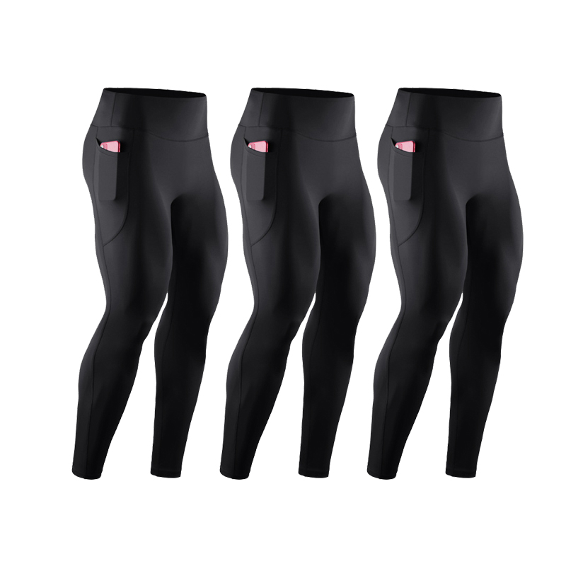 Compression Long Pant - 3 個男性ハイウエスト圧縮ランニングパンツポケット付き速乾性ジムフィットネスロングタイツ秋冬スポーツレギンス