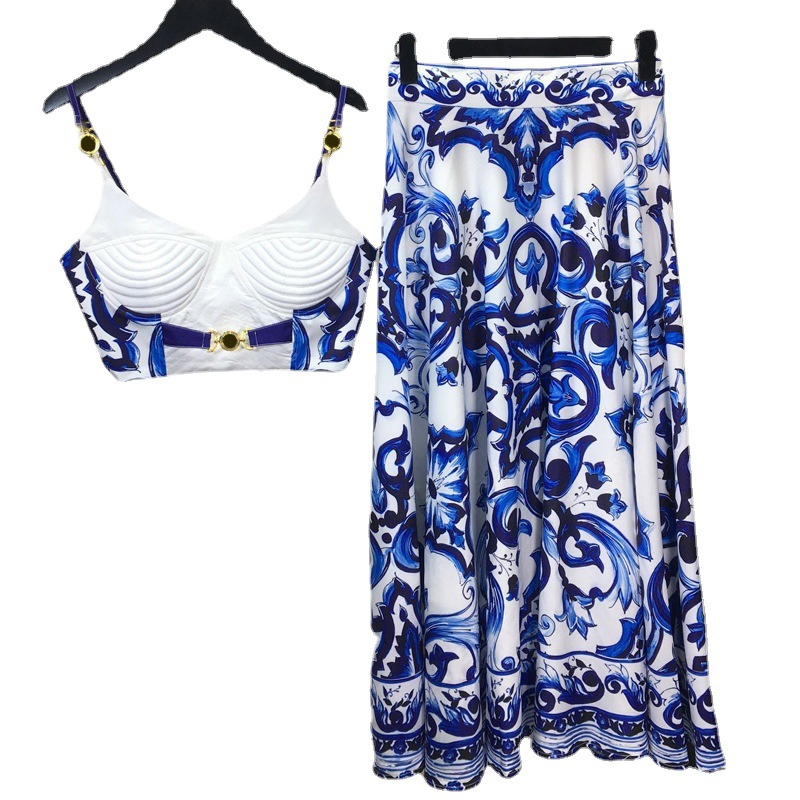 Suspender Tank Top - 女性用ツーピースセット,タンクトップ,スパゲッティストラップ,パッド入りカップ,プリント,ブルー,ホワイト,夏用