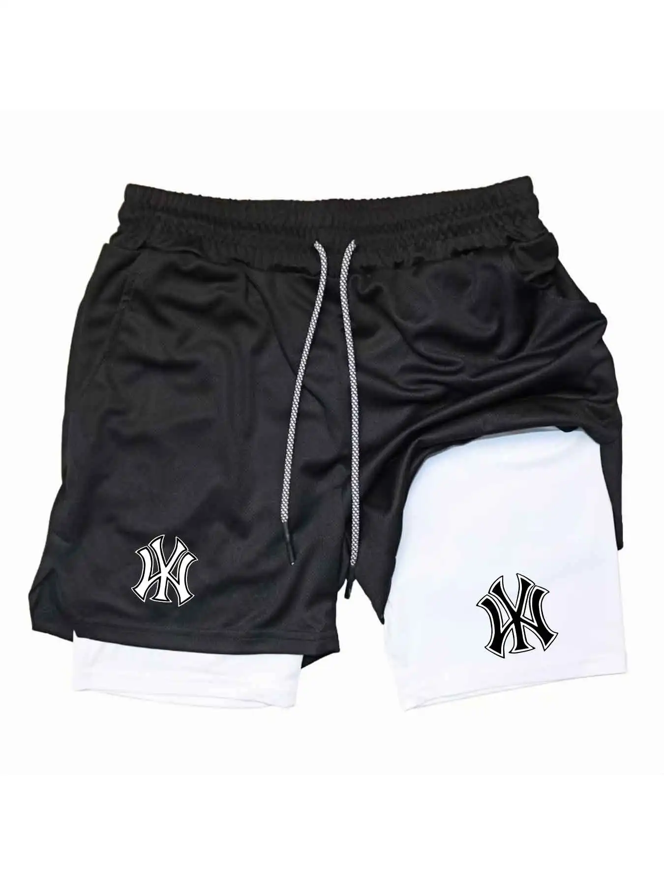 Compression Shorts Athletes - メンズ2in1ロゴプリントスポーツショーツ速乾ドローストリングジムランニングコンプレッションライナーアスレチックショーツサイドポケット付き
