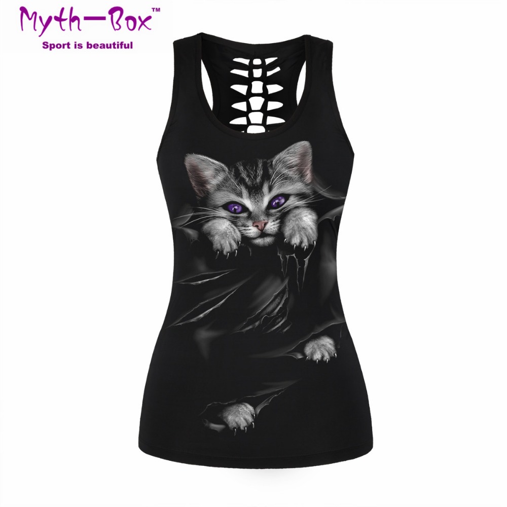 Sleeveless Undershirt - 女性スポーツベストバッドキャットプリントノースリーブシャツヨガ用中空アウト弾性ランニングタンクトップジムフィットネストップスアンダーシャツファム