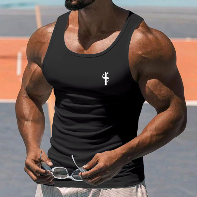 Sleeveless Undershirt - メンズブラック スリムフィット ジムタンクトップ ヴィンテージ風スモールロゴ ノースリーブ ボディビルディング