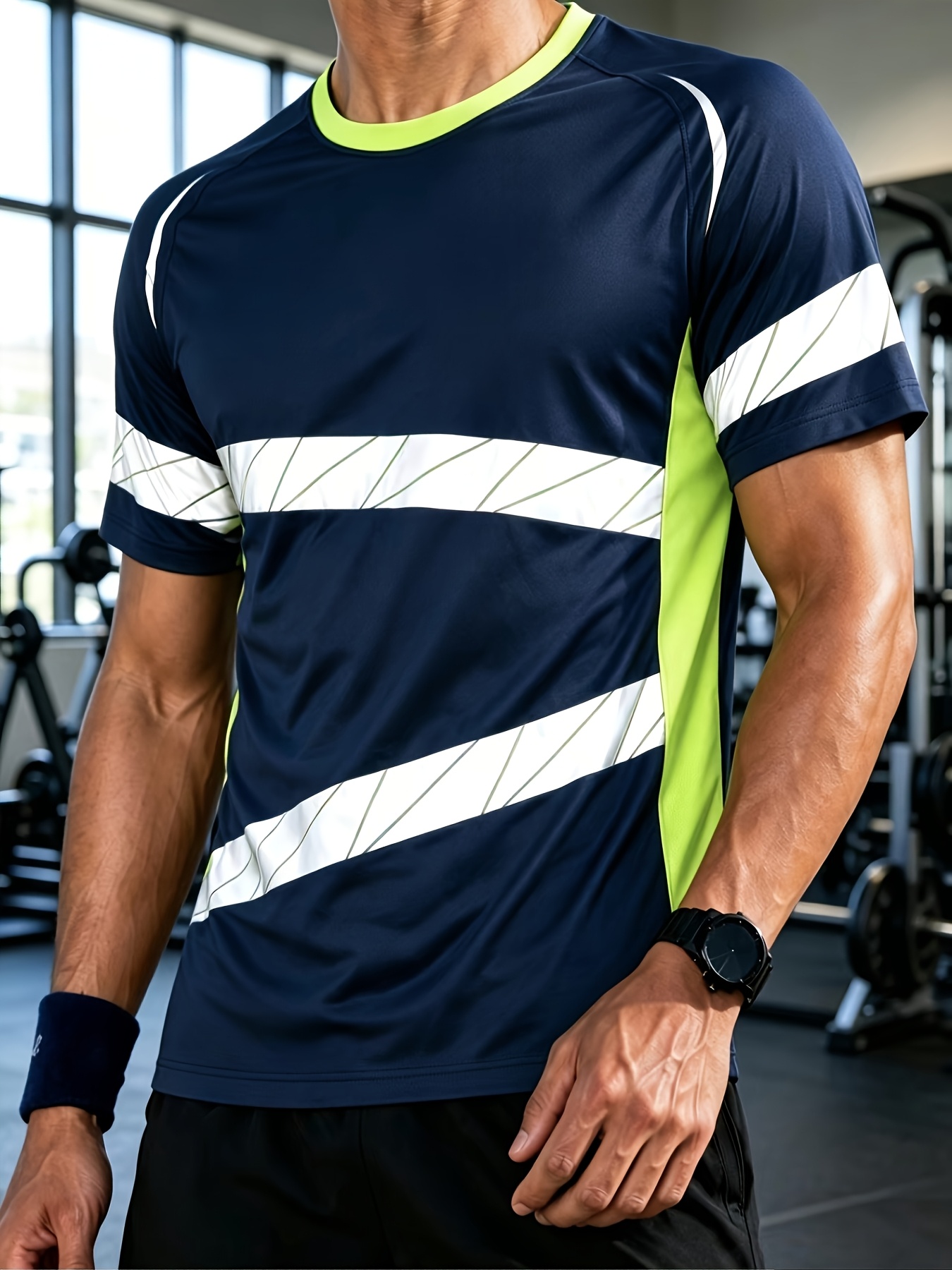 メンズスポーツ半袖Tシャツ高弾性速乾斜めストライプカラーブロ - T Shirt Tight Fit のレビューと価格