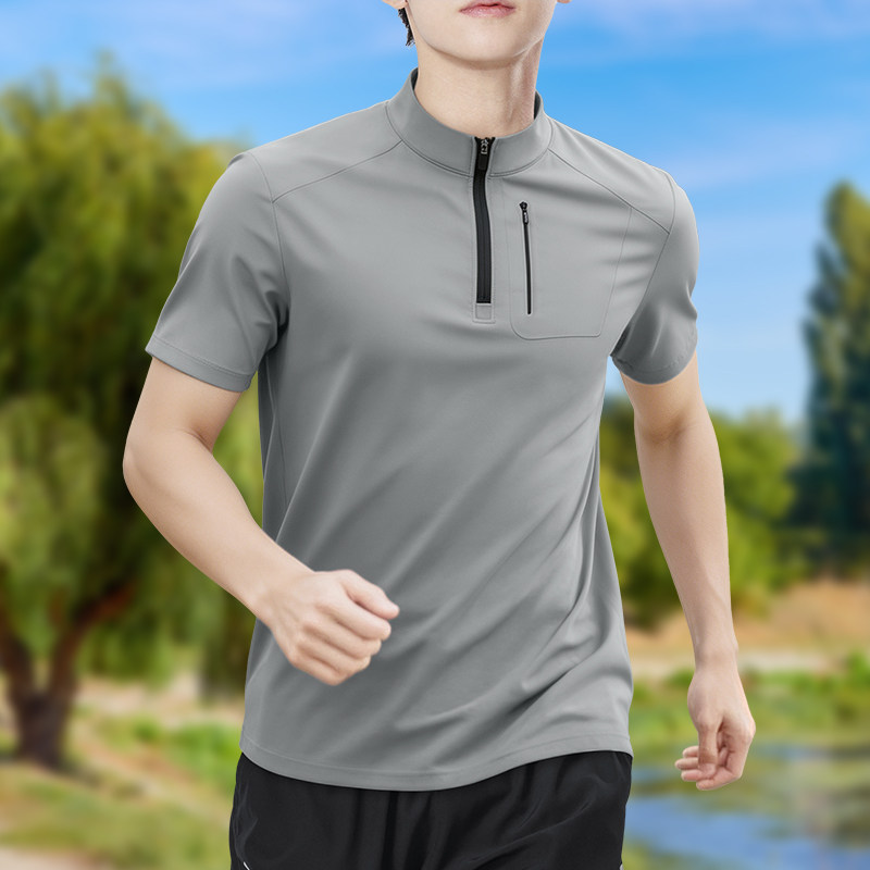 メンズハーフジップ高伸縮速乾半袖Tシャツ通気性アウトドアスポ - T Shirt Tight Fit のレビューと価格