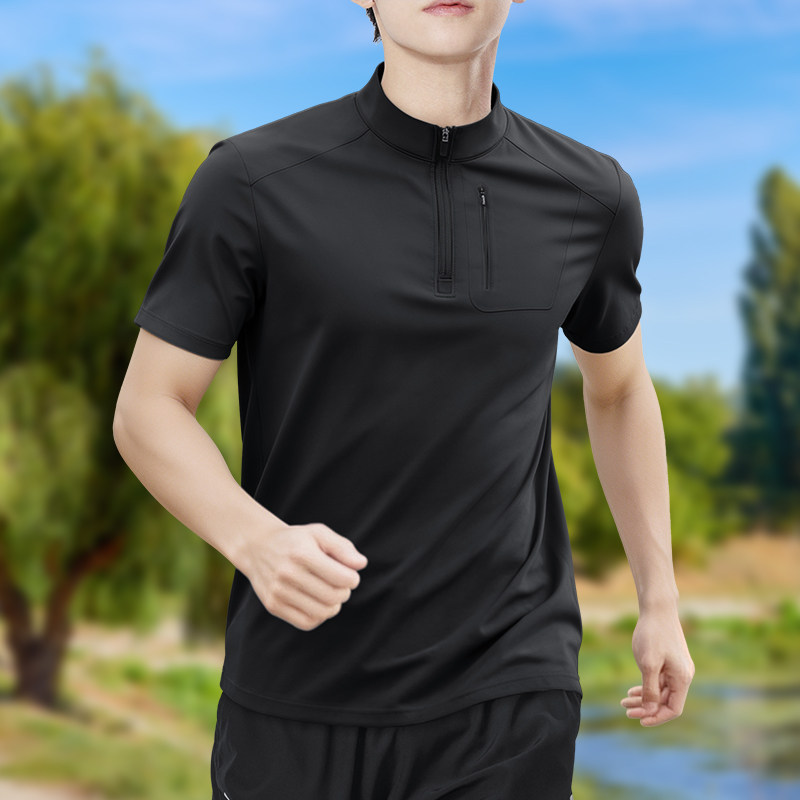 メンズハーフジップ高伸縮速乾半袖Tシャツ通気性アウトドアスポ - T Shirt Tight Fit のレビューと価格