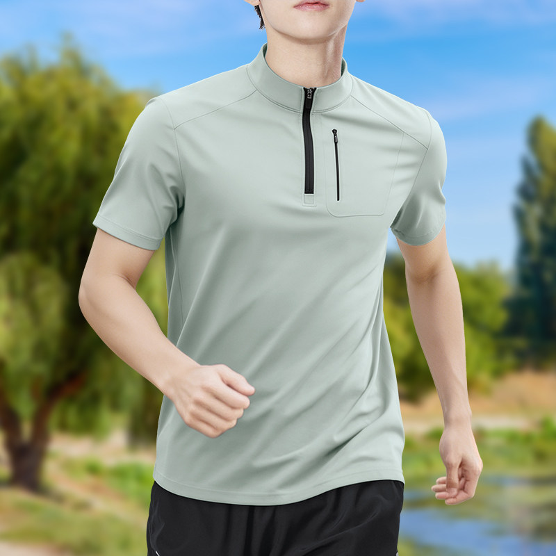 メンズハーフジップ高伸縮速乾半袖Tシャツ通気性アウトドアスポ - T Shirt Tight Fit のレビューと価格