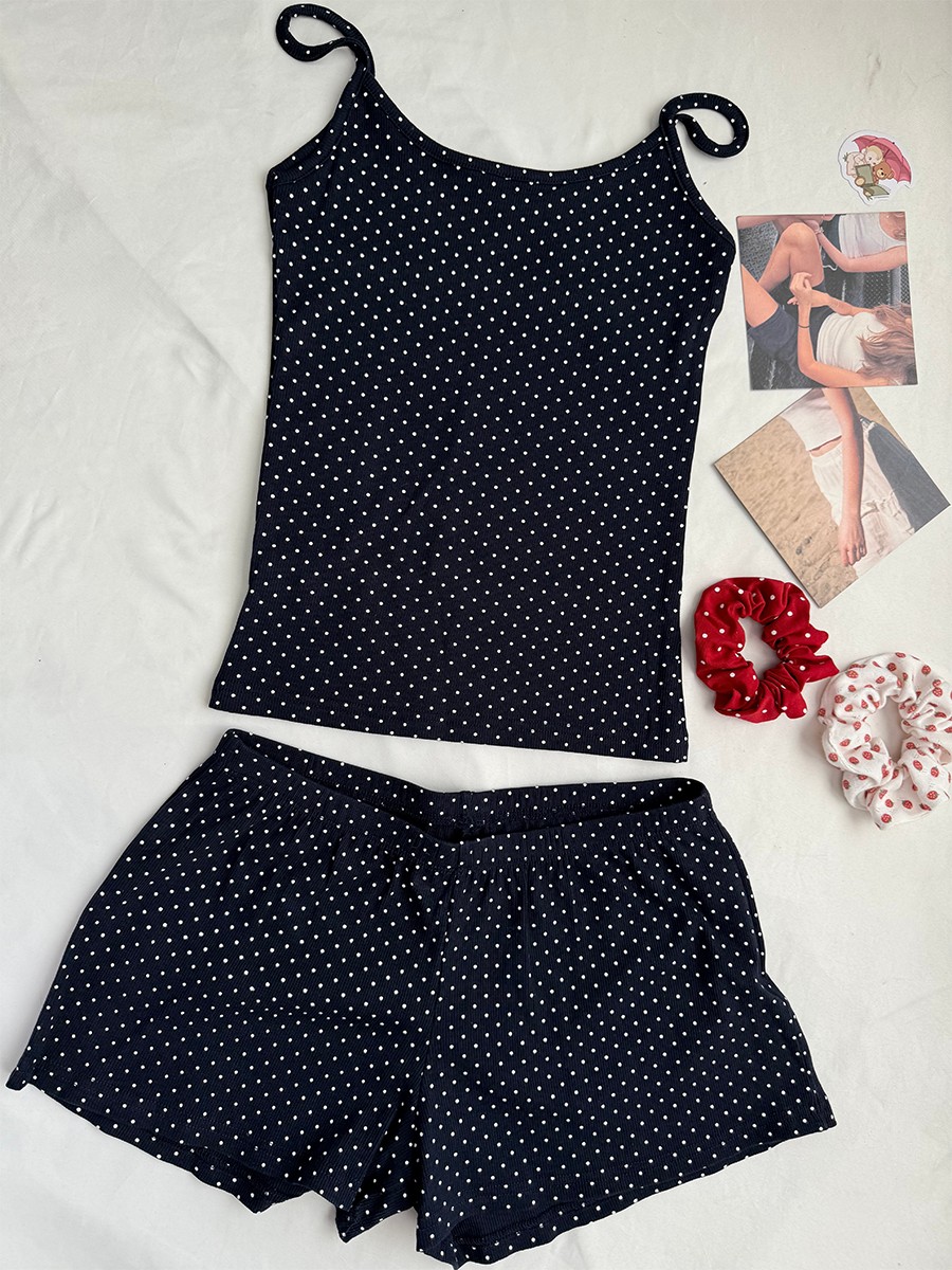 ネイビードットリブショーツセット女性夏カジュアルノースリーブ - Tank Top Ribbed のレビューと価格