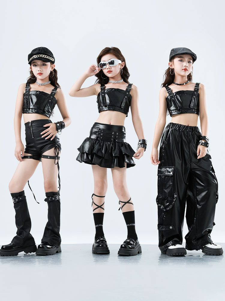 子供用KPOPヒップホップ服、黒のフェイクレザークロップタン - Suspender Tank Top のレビューと価格