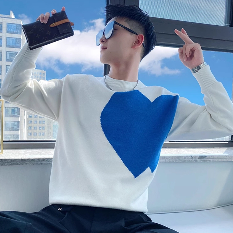 メンズラウンドネックニットセーター冬カジュアルハート柄ベース - Base Layer Top のレビューと価格