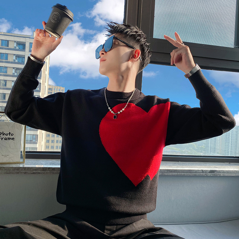 メンズラウンドネックニットセーター冬カジュアルハート柄ベース - Base Layer Top のレビューと価格