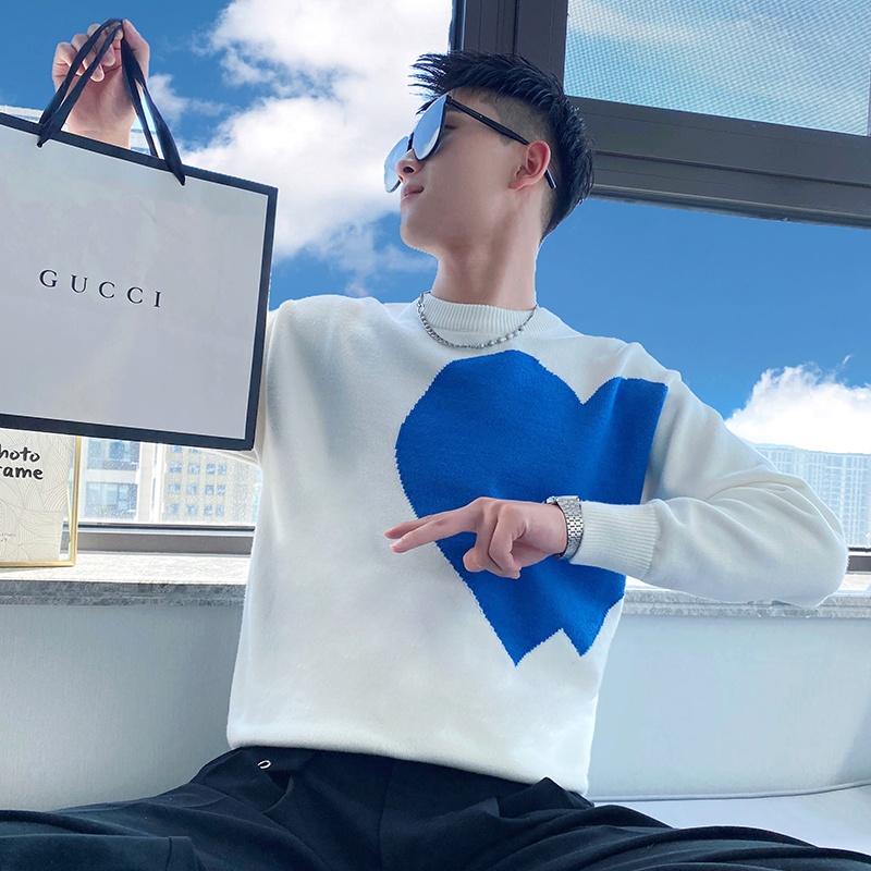 メンズラウンドネックニットセーター冬カジュアルハート柄ベース - Base Layer Top のレビューと価格