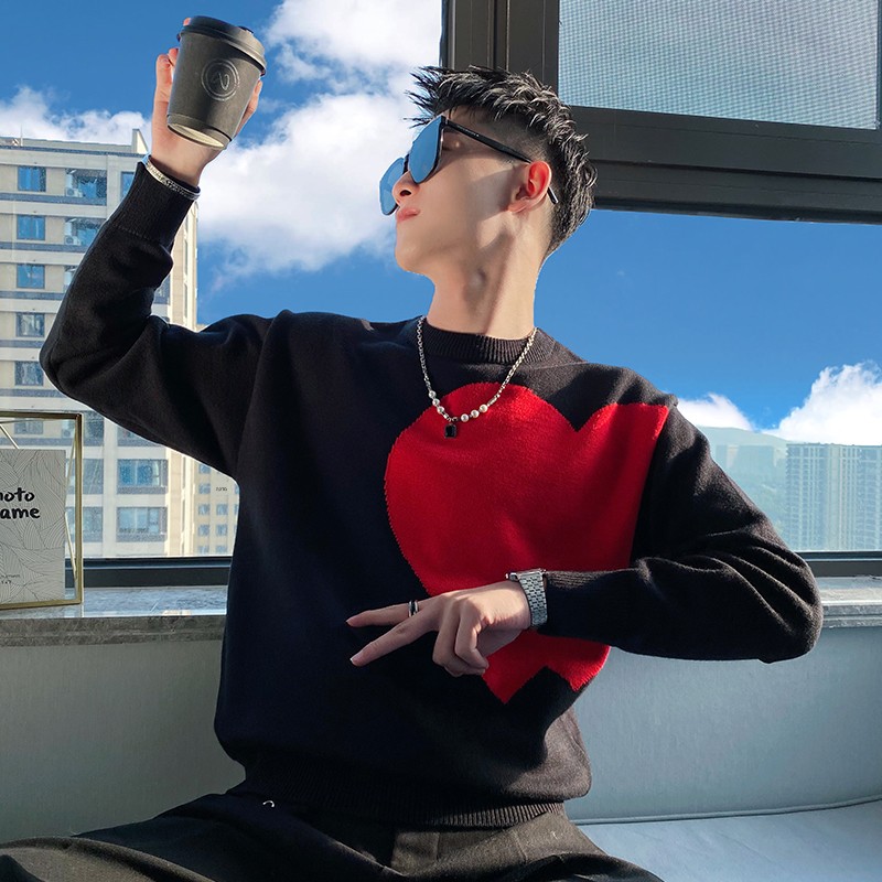 メンズラウンドネックニットセーター冬カジュアルハート柄ベース - Base Layer Top のレビューと価格